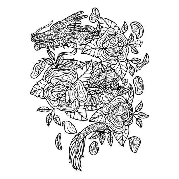手绘龙龙 花朵呈Zentangle风格 — 图库矢量图片