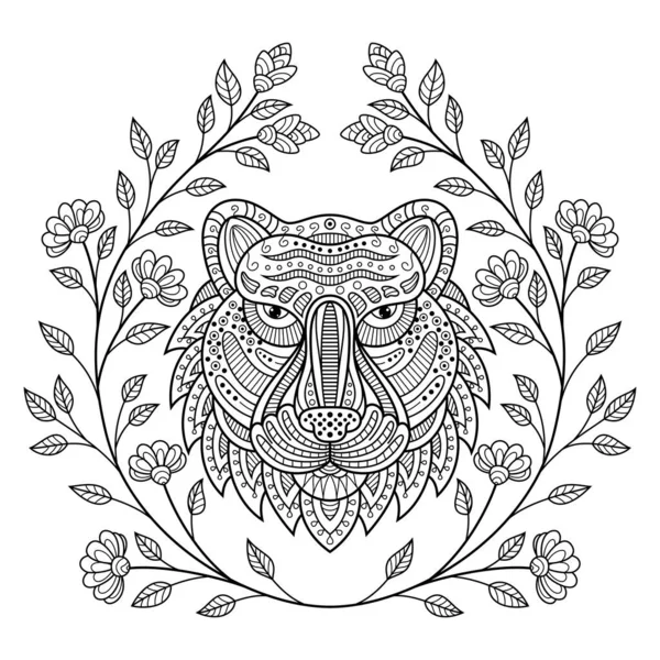 Hand Drawn Tiger Head Flower Frame Zentangle Style — Vector de stock