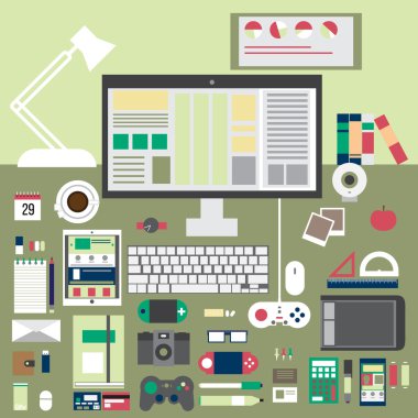 iş geliştirme ve yönetimi bilgisayar teknolojileri için öğeleri çalışma düz tasarım vektör illüstrasyon kavramı simgeleri ayarlayın. şık renk arka plan üzerinde izole.