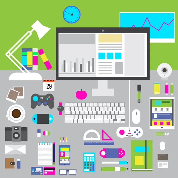 iş geliştirme ve yönetimi bilgisayar teknolojileri için öğeleri çalışma düz tasarım vektör illüstrasyon kavramı simgeleri ayarlayın. şık renk arka plan üzerinde izole.