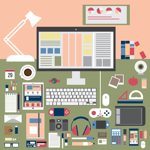 iş geliştirme ve yönetimi bilgisayar teknolojileri için öğeleri çalışma düz tasarım vektör illüstrasyon kavramı simgeleri ayarlayın. şık renk arka plan üzerinde izole.