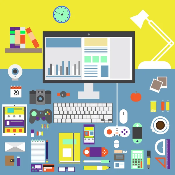 iş geliştirme ve yönetimi bilgisayar teknolojileri için öğeleri çalışma düz tasarım vektör illüstrasyon kavramı simgeleri ayarlayın. şık renk arka plan üzerinde izole.