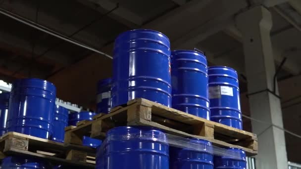 Fila Barriles Metal Apilados Dentro Almacén Valores Hogsheads Azules Apilados — Vídeos de Stock