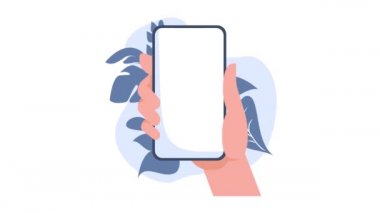 Çizgi film animasyonunda el ele tutuşurken akıllı telefon öğle yemeği için dokunmatik ekrana hamburger sipariş ediyor. Hamburger animasyonuyla. Çevrimiçi gıda uygulaması ya da yemek dağıtım işi için fikir. 4k video.