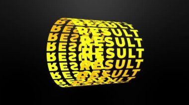 RESULT sarı metin kelime tüp döner animasyonsuz döngü siyah arkaplan izole. 4K 3D metin silindiri kinetik döngüsü oluşturuluyor. Sonuç tipografi animasyonu. İş konsepti.
