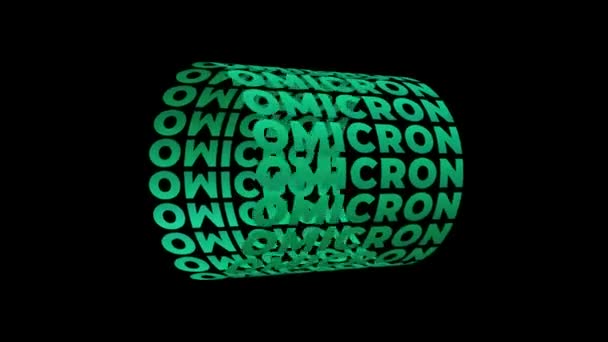 Omicron病毒绿色文字管旋转动画无缝循环隔离在黑色背景 3D渲染文本气缸动圈 欧米克隆字体动画 医学概念 — 图库视频影像