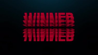 Koyu arkaplanda kırmızı hareket işareti var. Renkli kağıt çizimi kelime tipografisi modern fütüristik 3d tarzında WINNER. 3B yorumlama konsepti 4k video.