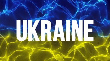 Ukrayna ulusal bayrağı. Kelime tipografisi UKRAINE ile mavi ve sarı bayrak kavramı. Ukrayna 'nın ulusal amblemi. Ukrayna savaşı konsepti. 3B görüntüleme konsepti.