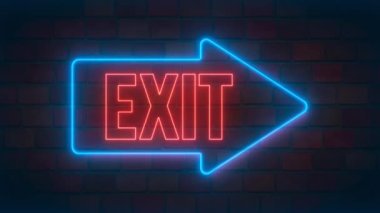 Blue exit arrow and red neon text flickering on brick wall seamless loop background. 4k
