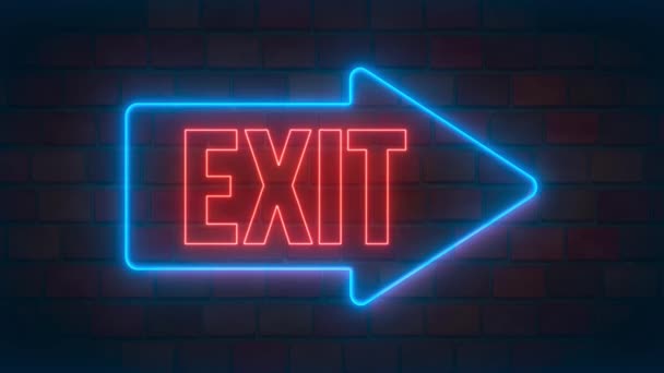 Blue Exit Arrow Red Neon Text Flickering Brick Wall Seamless — Stockvideo