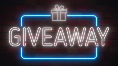 Giveaway neon sign in a frame with a giftbox on a brick background. Animation glowing neon line text Giveaway. 4K Video motion graphic animation.