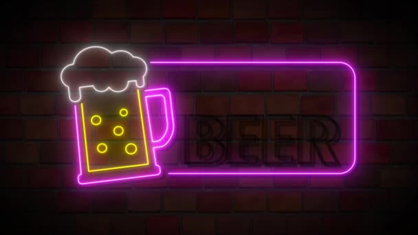 Bright Neon Sign Says Free Beer Brick Wall Electric Pub — Video Stock