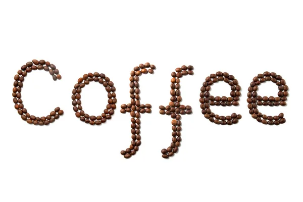 Slovo Káva Vyrobené Pražených Kávových Zrn Bílém Izolovaném Pozadí Písmena — Stock fotografie