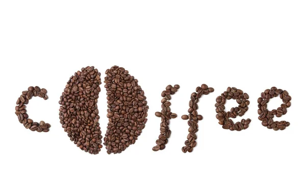 咖啡这个词 由烘烤的咖啡豆制成 背景是白色孤立的 两个咖啡豆形式的字母O 用咖啡做的排骨 白色和棕色 平躺在床上 — 图库照片