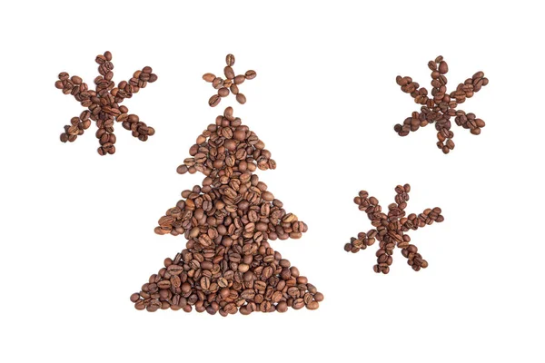 Figure Christmas Tree Snowflakes Made Roasted Coffee Beans White Isolated — Stock Photo, Image