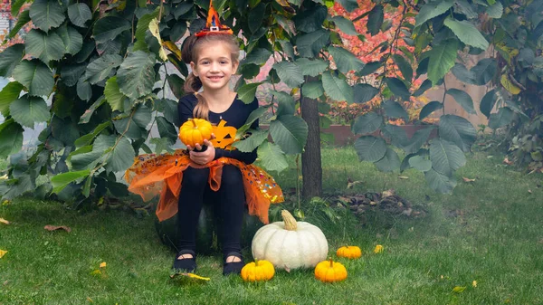 Girl Dressed Witch Sits Large Pumpkin Smiles Little Witch Hides — Stock Photo, Image