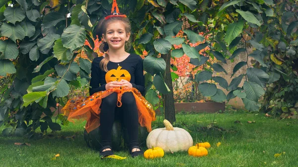 Little Witch Girl Sitting Pumpkin Halloween Girl Witch Costume Hides — Stock Photo, Image