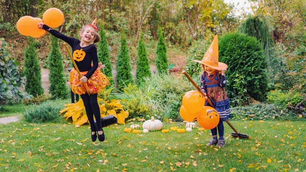 Children Witch Hats Laugh Play Brooms Little Witches Learn Fly — Stock Photo, Image