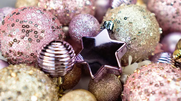 Palle Natale Sfondo Primo Piano Con Spazio Copia Palline Glitter — Foto Stock