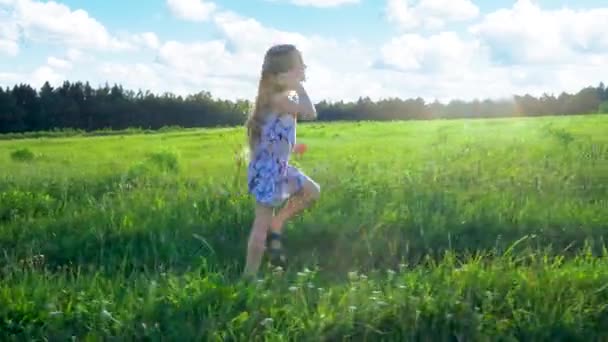 Девушка ходит по траве в лучах заходящего летнего солнца. делать гимнастику — стоковое видео