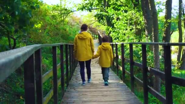 Mãe e filho, vestidos da mesma cor, estão andando ao longo de um caminho de madeira — Vídeo de Stock