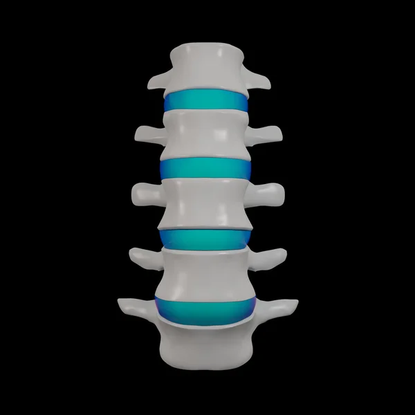 3d renderizado - estructura de la columna vertebral sobre fondo negro con disco espinal azul - vista frontal — Foto de Stock