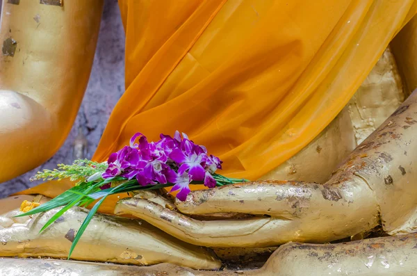 Orchid in hand image of buddha — Stock Photo, Image