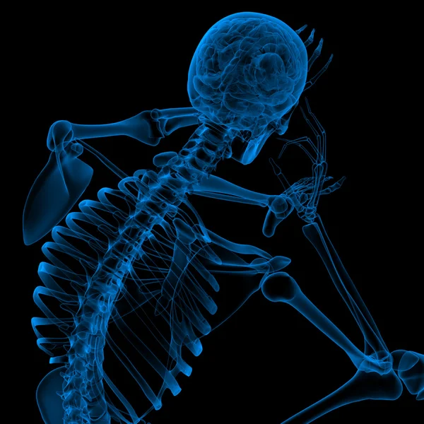 3D рендеринг синего скелета сидящего - вид сзади — стоковое фото