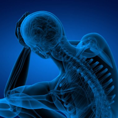 3D render mavi iskelet a oturan - arkadan görünüm