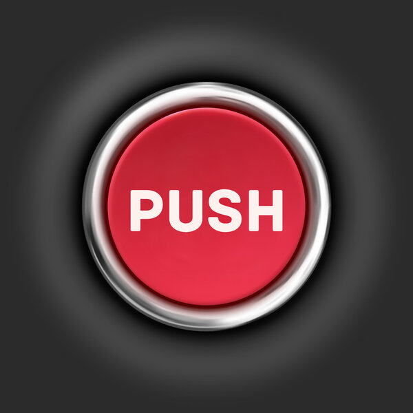 Нажмите кнопку, 3d красный глянцевый металлический значок, вектор.