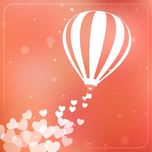 Globo de aire caliente con corazones voladores. Tarjeta de silueta romántica — Vector de stock