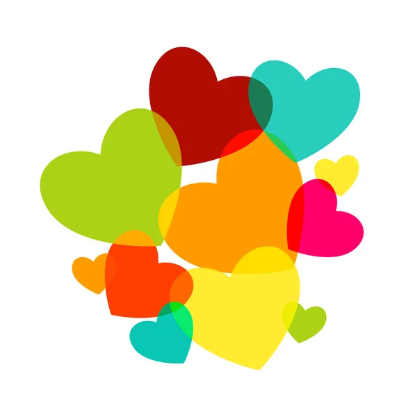 Various multicolored hearts. Magenta, Cyan, yellow and green transparency elements. — Stockový vektor