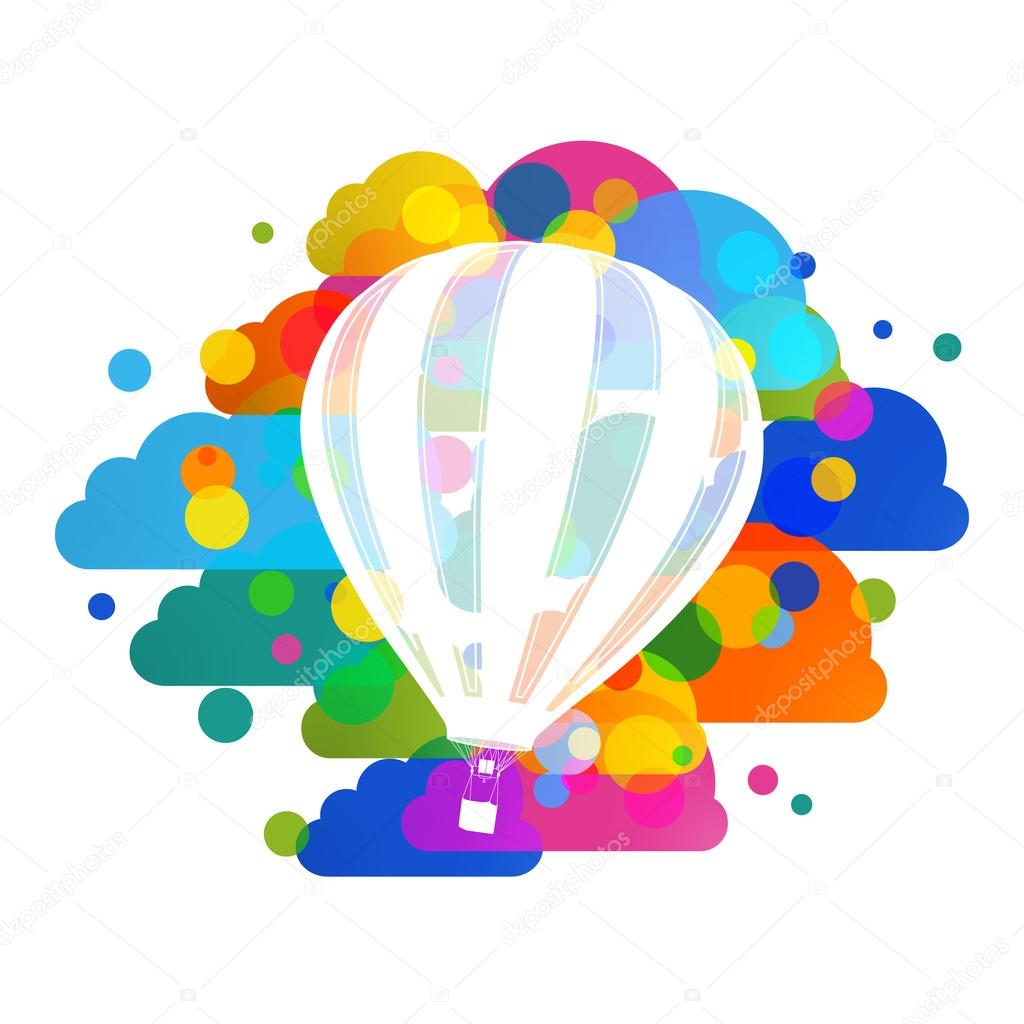 Hot air balloon silhouette, colorful clouds abstract vector background