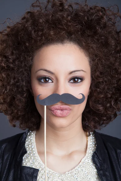 Pretty girl with paper mustache — Stock Photo, Image