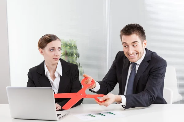 Businessman Takes Big Pair of Red Scissors Snip — Stock Photo, Image