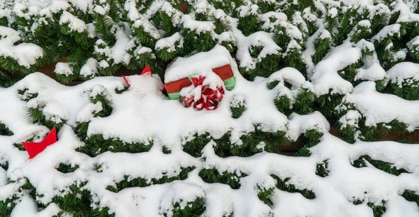 Schneebedeckte Weihnachtsgeschenke. Tannenzweige mit einer dicken Schneeschicht bedeckt. Weihnachtlicher Hintergrund — Stockfoto
