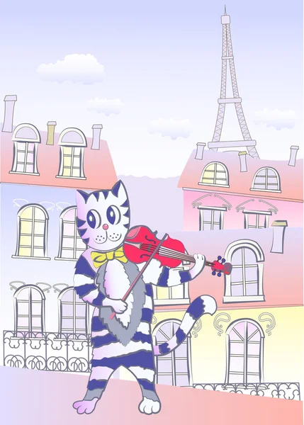 猫在巴黎的小提琴家 — 图库矢量图片