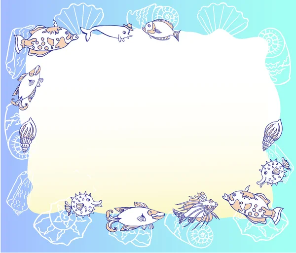 与用鱼和 cockleshell 的蓝色背景 — 图库矢量图片