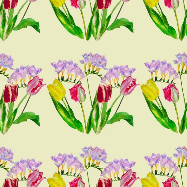 Bouquet with pink tulips and fressia.Seamless pattern. — Stock Photo, Image