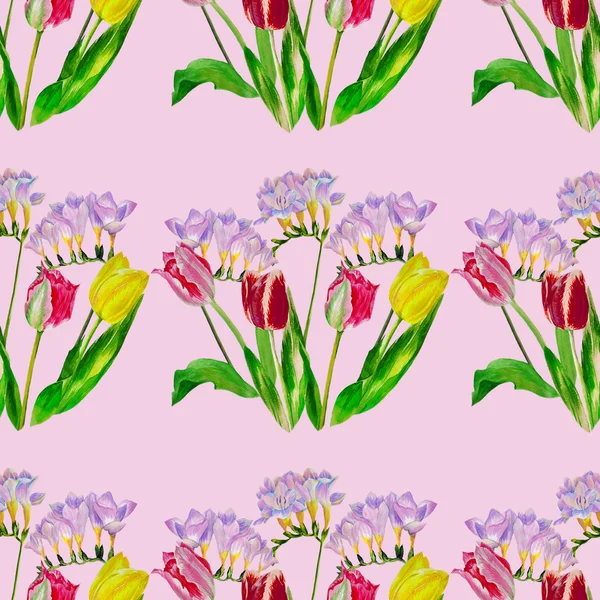 Bouquet with tulips and pink fressia.Seamless pattern. — Stock Photo, Image