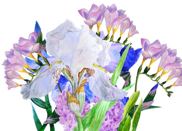 Bouquet with blue and white irises — Stock Photo, Image