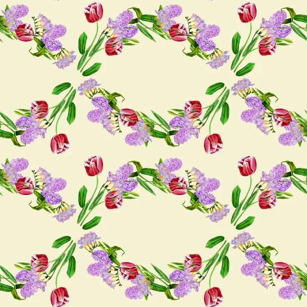 Seamless pattern with hyacinths and red tulips — Stock Photo, Image