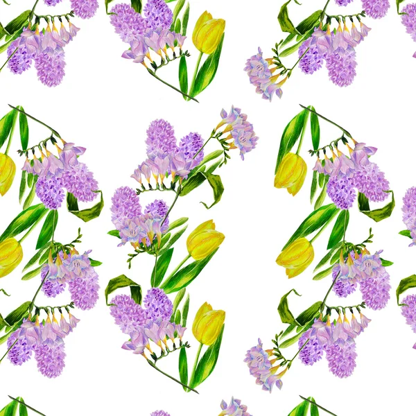 Seamless pattern with lilac and tulips — Stock Photo, Image