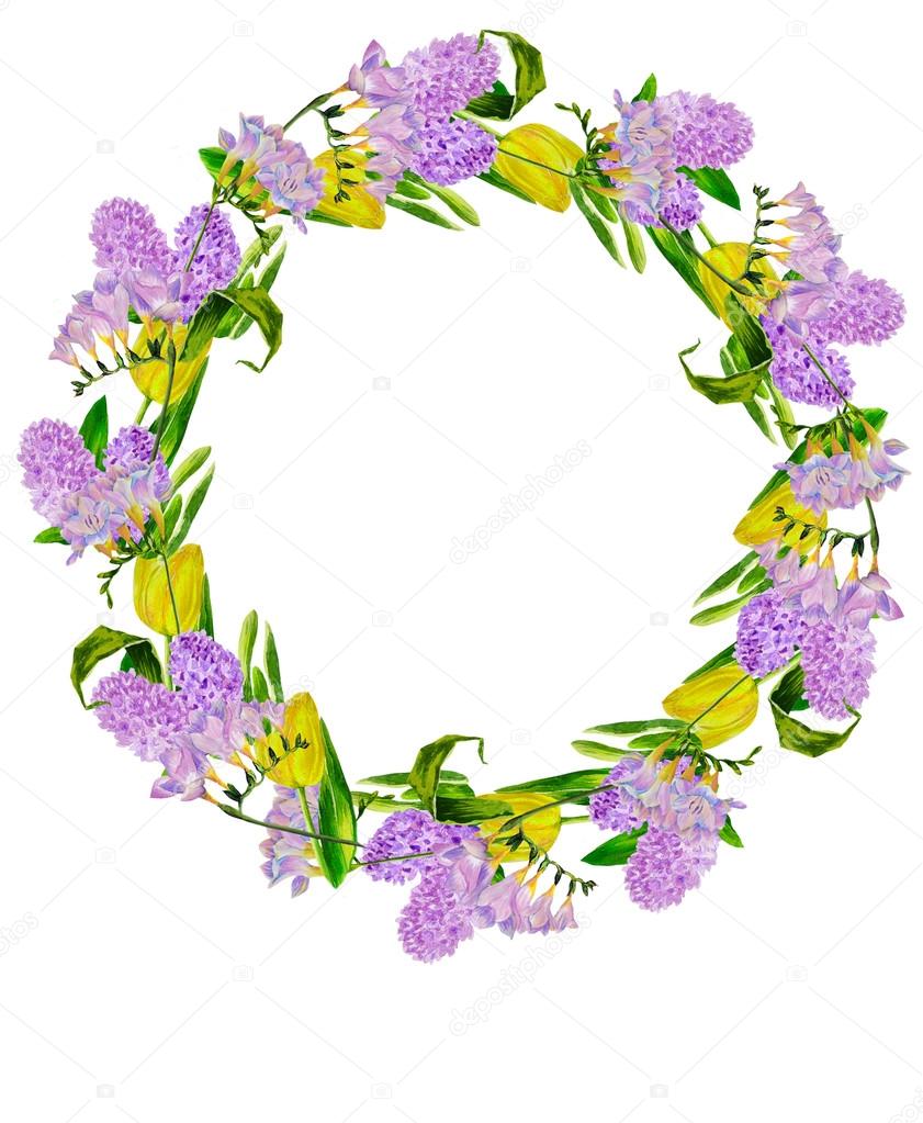 Wreath with flowers and yellow tulip