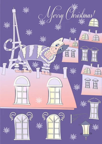 Gato em um Telhado de Inverno Azul Paris — Vetor de Stock