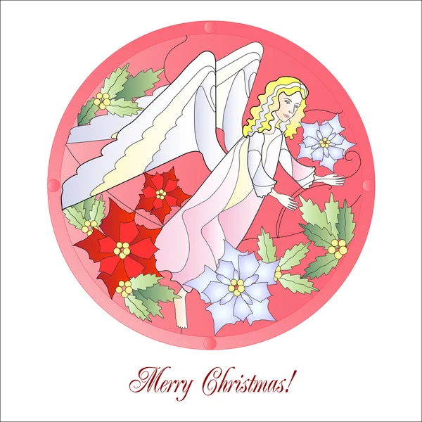 Vitrail de Natal vermelho com anjo — Vetor de Stock
