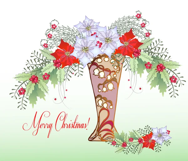 クリスマス カードの花瓶と花束 — ストックベクタ