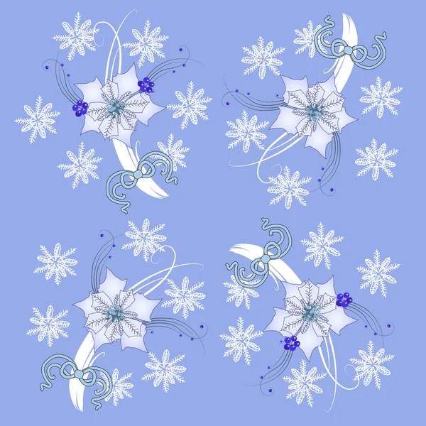 Patrón azul con poinsettia y copos de nieve — Archivo Imágenes Vectoriales