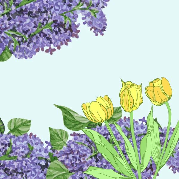 Background with yellow tulips and lilac — Stock Vector