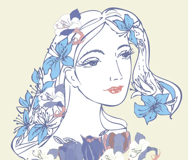 Woman with blue flowers — Stock Vector